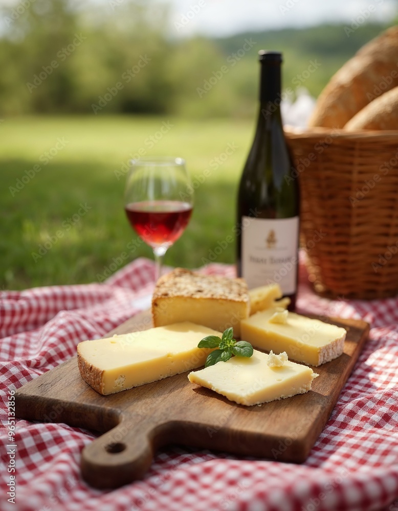 Cheese and Wine Picnic. Outdoor Lunch with Cheese, Wine, and Bread. Cheese and Wine Picnic. Outdoor Lunch with Cheese, Wine, and Bread.