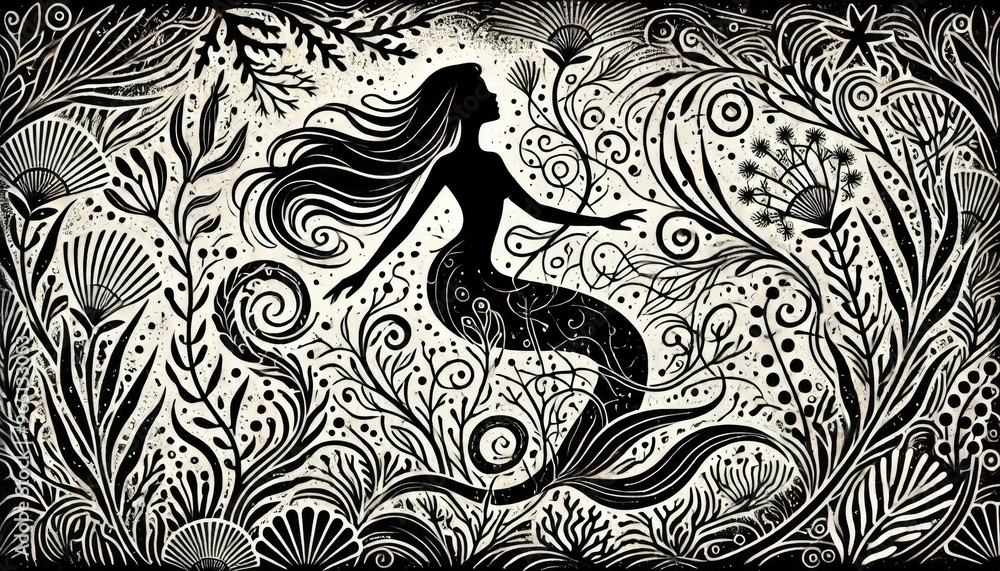 A close-up silhouette of a mermaid surrounded by underwater plants and coral, with tendrils of seaweed entwined around her. A close-up silhouette of a mermaid surrounded by underwater plants and coral, with tendrils of seaweed entwined around her.