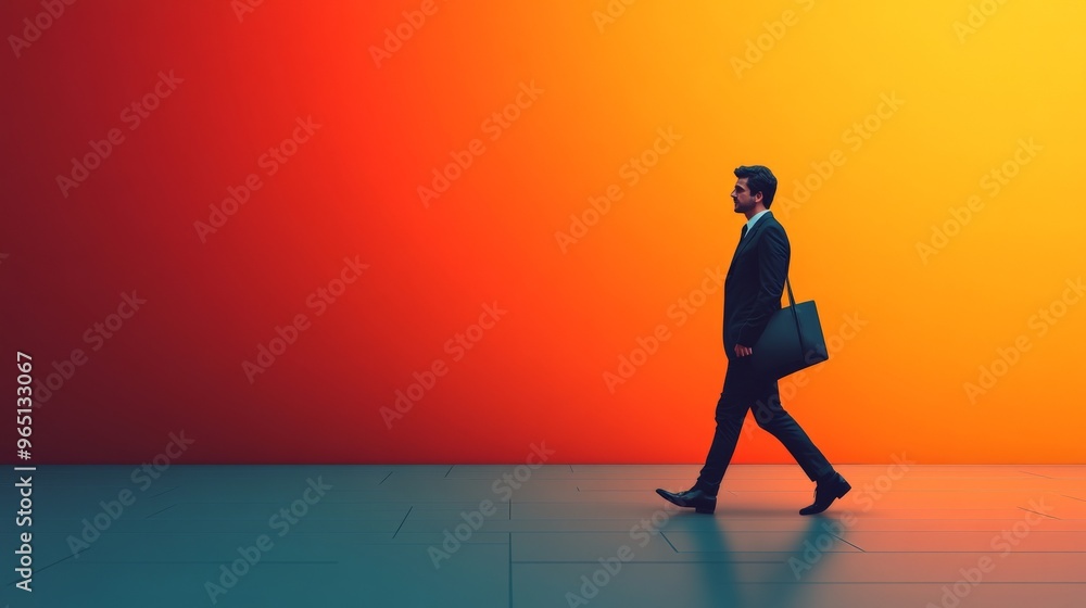 Businessman Walking Towards Success: A confident businessman strides forward, his silhouette illuminated by a vibrant gradient backdrop. His purposeful gait suggests determination and ambition. Businessman Walking Towards Success: A confident businessman strides forward, his silhouette illuminated by a vibrant gradient backdrop. His purposeful gait suggests determination and ambition.