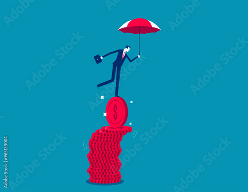 Financial stability, risk or trust, economic challenge, balance or reliability, money management, Businessman hold umbrella balance on unstable coins stack, Security or wealth accumulation concept