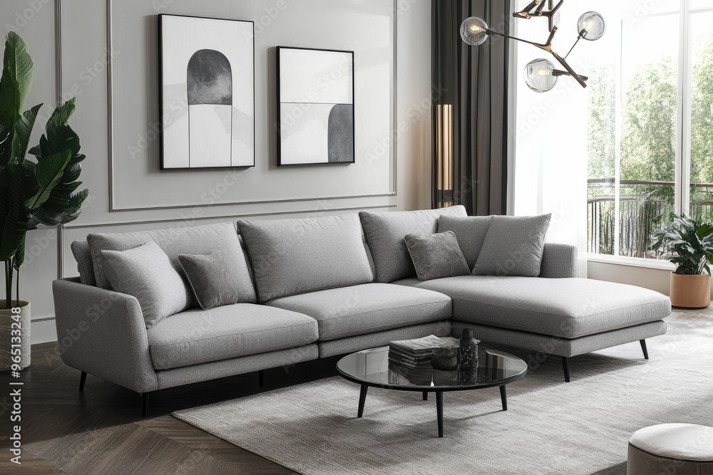 Fototapeta premium Modern living room featuring a stylish sectional sofa.