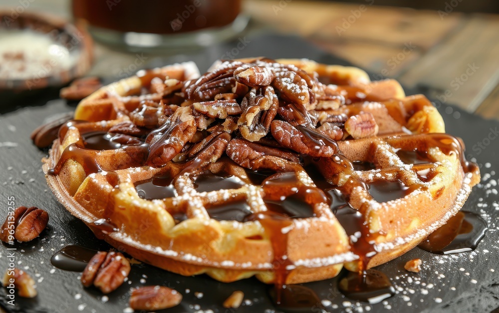Delicious Waffle with Pecans and Chocolate Sauce Delicious Waffle with Pecans and Chocolate Sauce