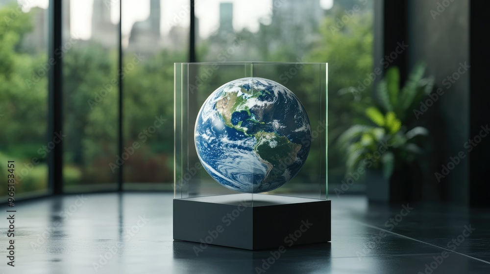 A modern glass display case with Planet Earth floating inside, showcasing the importance of protecting the planet for future generations A modern glass display case with Planet Earth floating inside, showcasing the importance of protecting the planet for future generations
