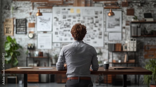 The Architect of Innovation: A contemplative entrepreneur surveys his blueprint for success, surrounded by the raw inspiration of his industrial-chic office. 