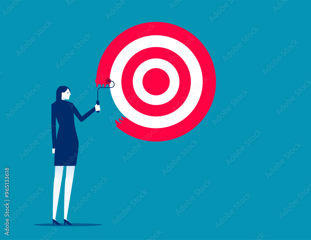Purpose, set business goal or target, KPI, key performance indicator or set objective, ambitious businessman on ladder using paint roller to paint big dartboard, archery target. Achievement concept Purpose, set business goal or target, KPI, key performance indicator or set objective, ambitious businessman on ladder using paint roller to paint big dartboard, archery target. Achievement concept