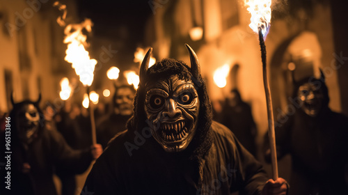 Busojaras, night parades in historic streets with people dressed in scary Busó costumes, Ai generated images photo