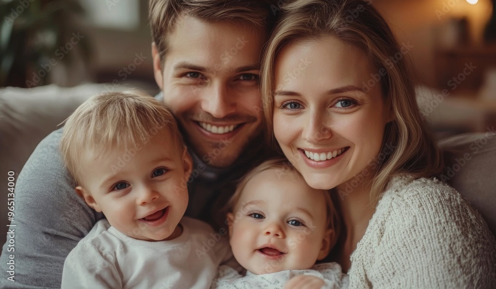 A happy family with two children sitting on the sofa at home, laughing and playing together in the living room. High-quality, realistic photograph. A happy family with two children sitting on the sofa at home, laughing and playing together in the living room. High-quality, realistic photograph.