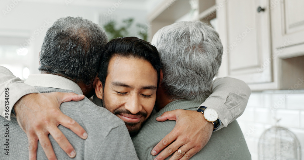 Fototapeta premium Happy, adult son or hug parents for weekend visit, welcome or bonding moment with smile, love or care. Family reunion, senior people or embrace man in house for hello, comfort or affection in kitchen