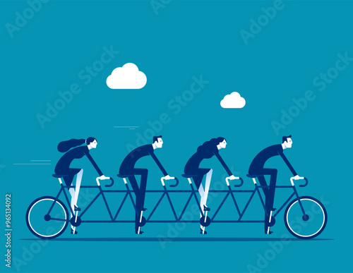 Teamwork working together for success, togetherness or cooperation,  Business people employees on tandem bicycle forward metaphor of teamwork. Collaboration or support other to win together concept