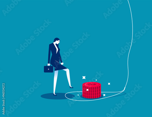 Money trap to trick greed people, danger fraud or threat to attack victim, greed businessman try to step into tricky rope trap to get money banknotes bundle. Financial or investment problem concept