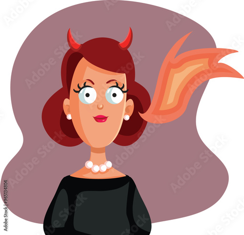 Evil Woman with Devil Horns Breathing Fire Vector Cartoon. Unhappy mean lady spitting fire and belittling
