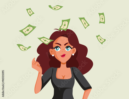 Greedy Woman Thinking About Money and Profit Vector illustration. Materialistic girl counting all the savings and bonuses 

