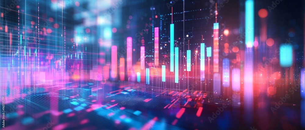 Abstract digital background featuring vibrant bars and glowing lights, ideal for technology, finance, and data visualization themes. Abstract digital background featuring vibrant bars and glowing lights, ideal for technology, finance, and data visualization themes.