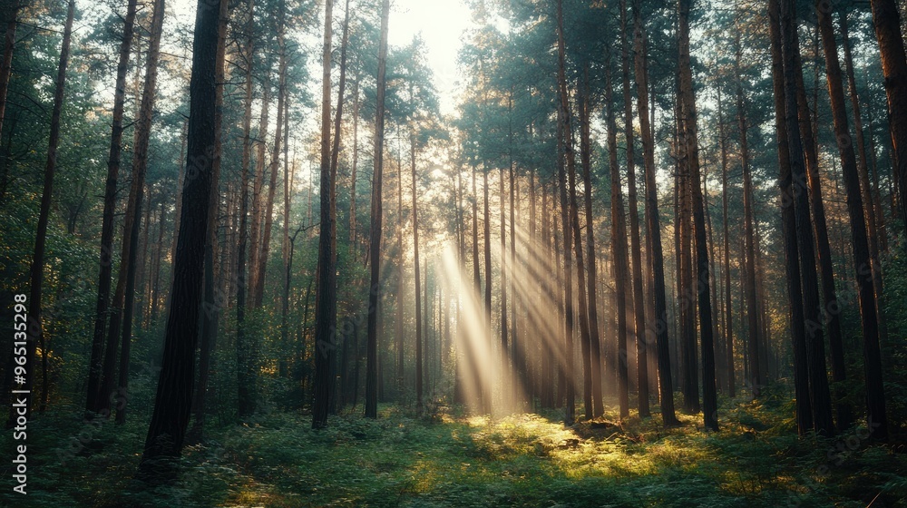 Obraz premium Forest with tall trees and sunlight filtering through