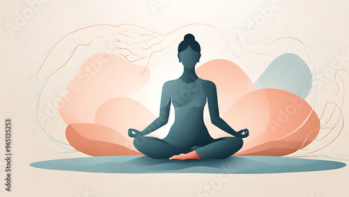 A minimal illustration of a person meditating on a yoga mat, seated in the lotus position. The background is plain with soft lines and a few abstract shapes, symbolizing inner peace and mindfulness