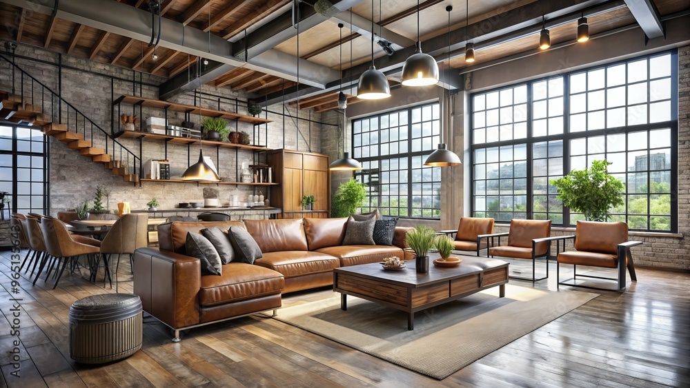 A loft apartment with a neutral color palette, wood accents, and leather furniture creates a sophisticated ambiance, A loft apartment with a neutral color palette, wood accents, and leather furniture creates a sophisticated ambiance,