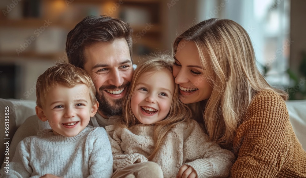 A happy family with two children sitting on the sofa at home, laughing and playing together in the living room. High-quality, realistic photograph. A happy family with two children sitting on the sofa at home, laughing and playing together in the living room. High-quality, realistic photograph.