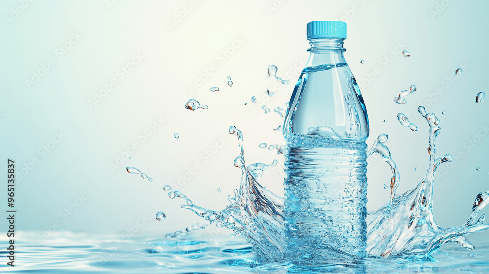 Water bottle splashing in clear liquid with droplets in a serene environment Water bottle splashing in clear liquid with droplets in a serene environment