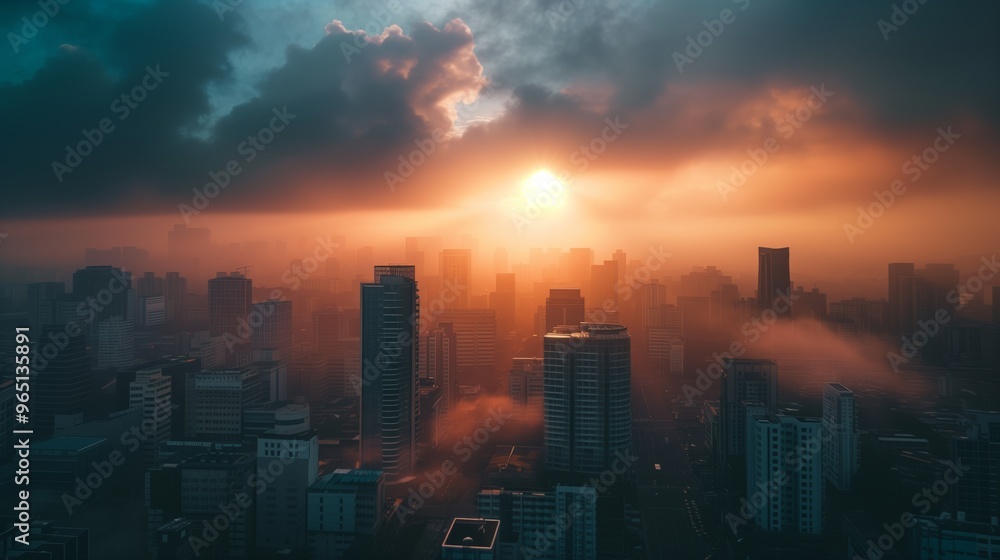Fototapeta premium Stunning Sunrise Over a Foggy Urban Skyline with High-Rise Buildings and Dramatic Clouds: Ideal for Cityscape Photography and Architectural Backgrounds