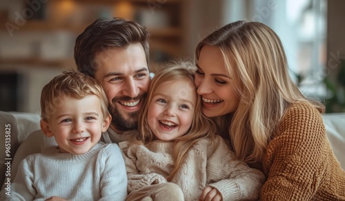 A happy family with two children sitting on the sofa at home, laughing and playing together in the living room. High-quality, realistic photograph. 