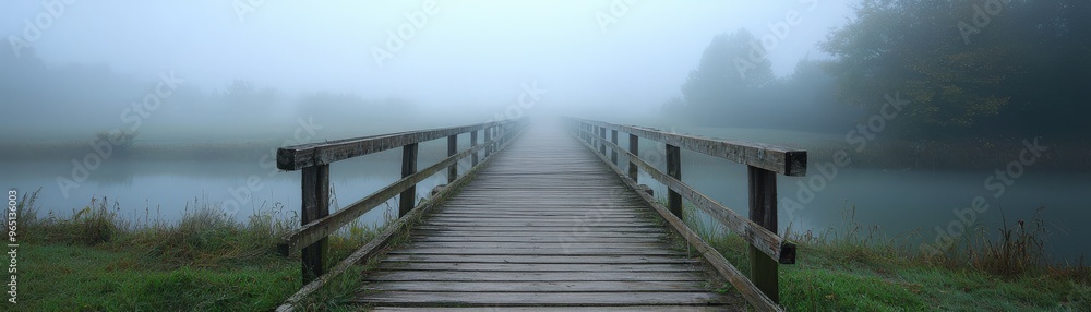 A fog-covered bridge with no visible end in sight, uncertainty, crossing into the unknown A fog-covered bridge with no visible end in sight, uncertainty, crossing into the unknown