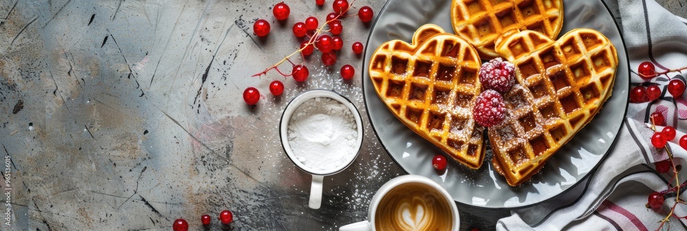 Valentine's Day inspired breakfast setting featuring heart-shaped Belgian waffles, fresh red berries, powdered sugar, and two cups of coffee arranged on a table. Valentine's Day inspired breakfast setting featuring heart-shaped Belgian waffles, fresh red berries, powdered sugar, and two cups of coffee arranged on a table.