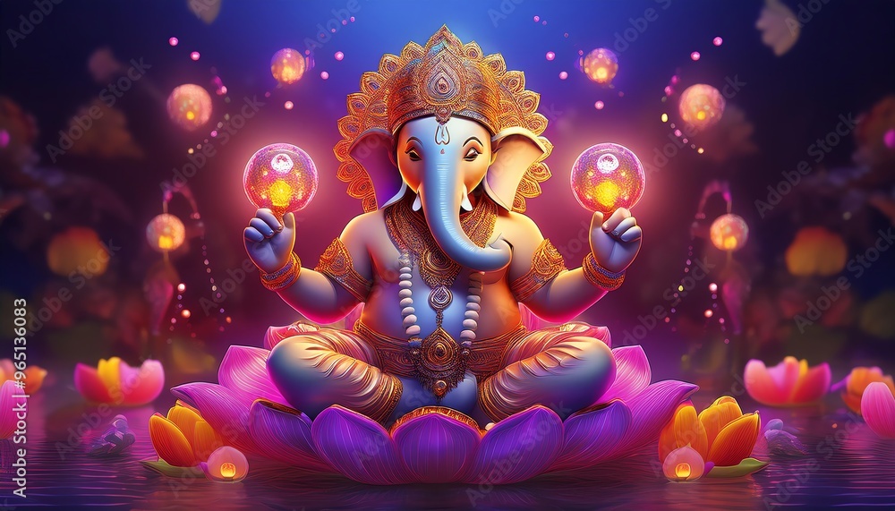A serene depiction of Lord Ganesha seated on a lotus, holding glowing orbs, surrounded by vibrant flowers, set against a luminous background. A serene depiction of Lord Ganesha seated on a lotus, holding glowing orbs, surrounded by vibrant flowers, set against a luminous background.