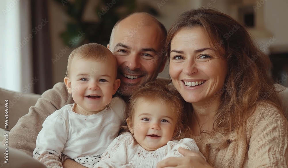A happy family with two children sitting on the sofa at home, laughing and playing together in the living room. High-quality, realistic photograph. A happy family with two children sitting on the sofa at home, laughing and playing together in the living room. High-quality, realistic photograph.