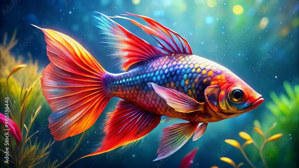 A magnificent fish glides effortlessly through iridescent waters, its vibrant scales glinting like precious jewels in A magnificent fish glides effortlessly through iridescent waters, its vibrant scales glinting like precious jewels in