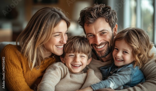 A happy family with two children sitting on the sofa at home, laughing and playing together in the living room. High-quality, realistic photograph. 