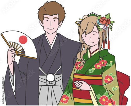 お正月の着物を着た男女のイラスト
