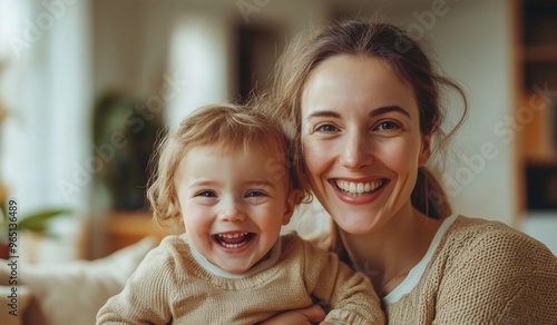 A happy family with two children sitting on the sofa at home, laughing and playing together in the living room. High-quality, realistic photograph. 