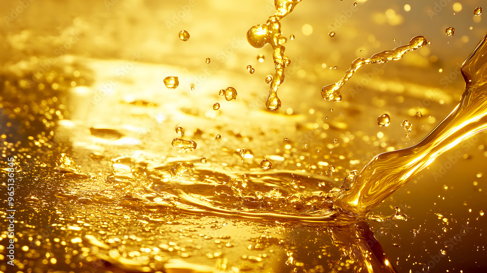 High-speed capture of golden oil splattering on a metallic surface, with droplets flying in all directions High-speed capture of golden oil splattering on a metallic surface, with droplets flying in all directions