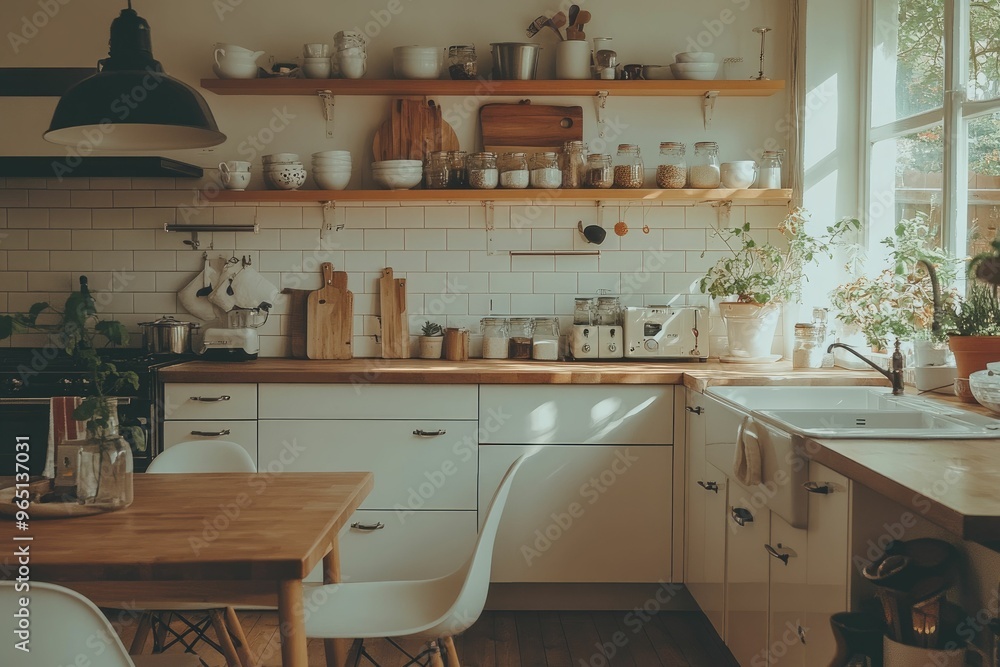 Cozy kitchen with wooden shelves and natural light. Cozy kitchen with wooden shelves and natural light.