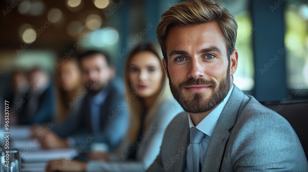 Confident Leader, Focused Vision: A portrait of a young, determined businessman leading a meeting, exuding confidence and strategic thinking. Confident Leader, Focused Vision: A portrait of a young, determined businessman leading a meeting, exuding confidence and strategic thinking.