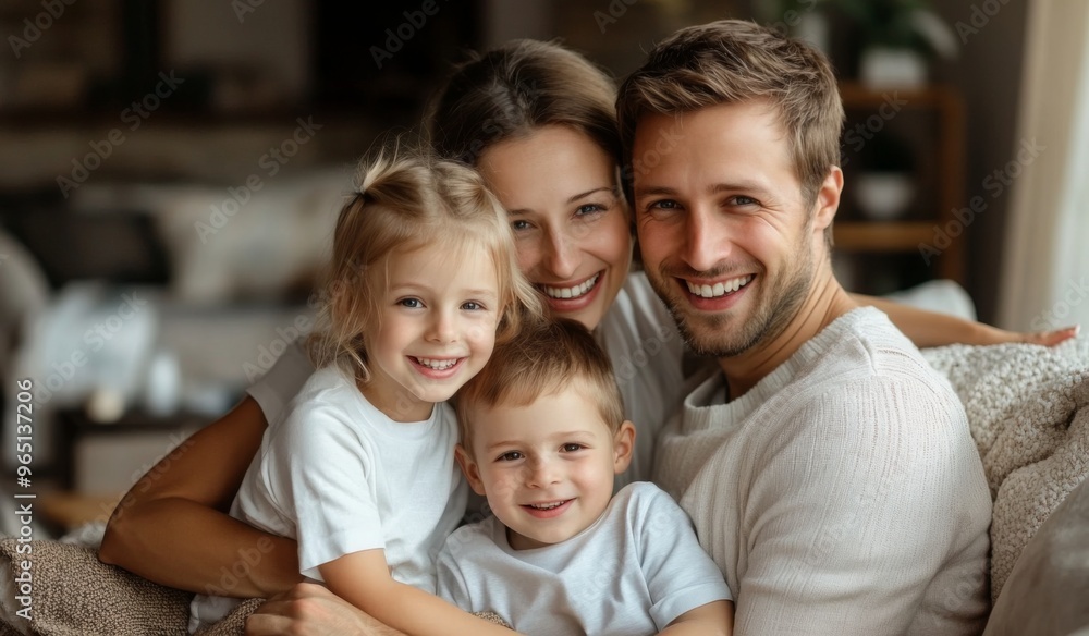 A happy family with two children sitting on the sofa at home, laughing and playing together in the living room. High-quality, realistic photograph. A happy family with two children sitting on the sofa at home, laughing and playing together in the living room. High-quality, realistic photograph.