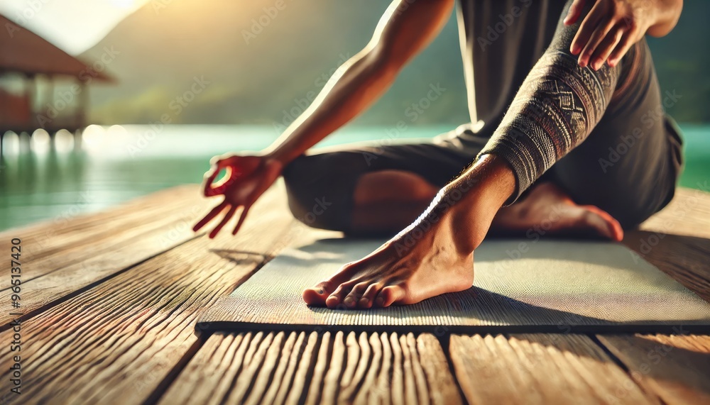A close-up shot of a foot in a yoga pose on a mat, with a peaceful, calm background.