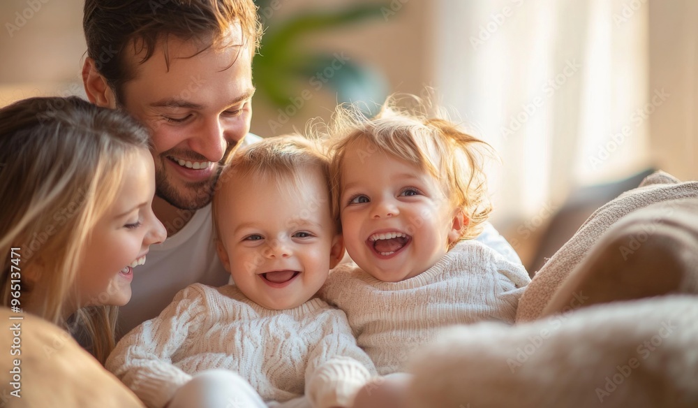 A happy family with two children sitting on the sofa at home, laughing and playing together in the living room. High-quality, realistic photograph. A happy family with two children sitting on the sofa at home, laughing and playing together in the living room. High-quality, realistic photograph.