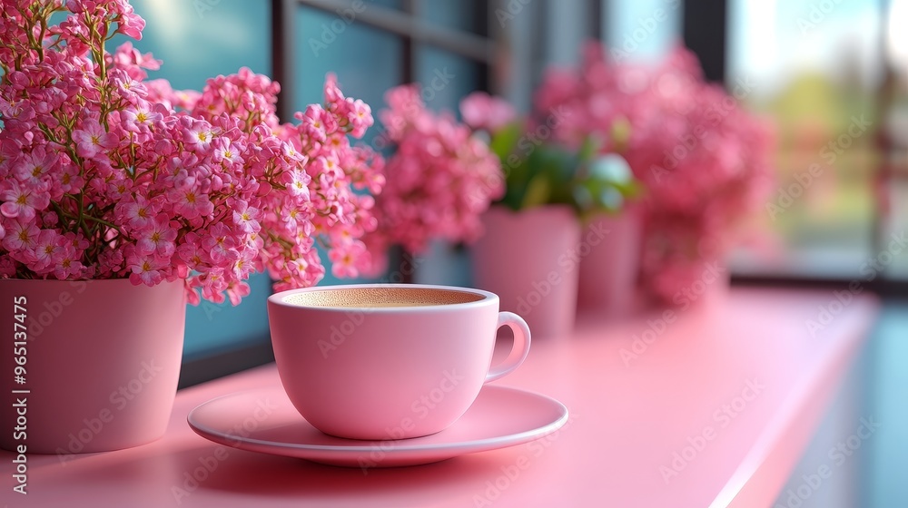 A serene pink cup resting on a shelf, surrounded by beautiful pink flowers, creating a calming atmosphere for tea lovers. A serene pink cup resting on a shelf, surrounded by beautiful pink flowers, creating a calming atmosphere for tea lovers.