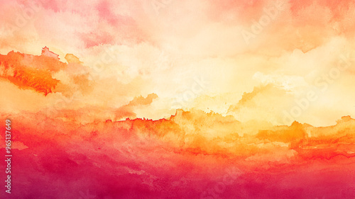 Bright watercolor sunset over distant mountains with vibrant colors and dramatic cloud formations