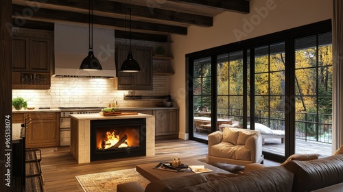 Wallpaper Mural Kitchen with a cozy fireplace and comfortable seating area Torontodigital.ca