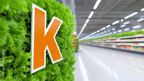 A large orange letter K stands out against a backdrop of fresh green lettuce in a supermarket aisle. photo