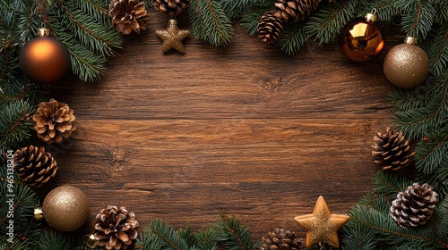 Festive holiday decorations with pine cones and ornaments on a rustic wooden backdrop during the winter season
