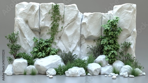 A textured white rock wall with greenery, showcasing nature's beauty and tranquility. Ideal for backgrounds and environmental themes. photo