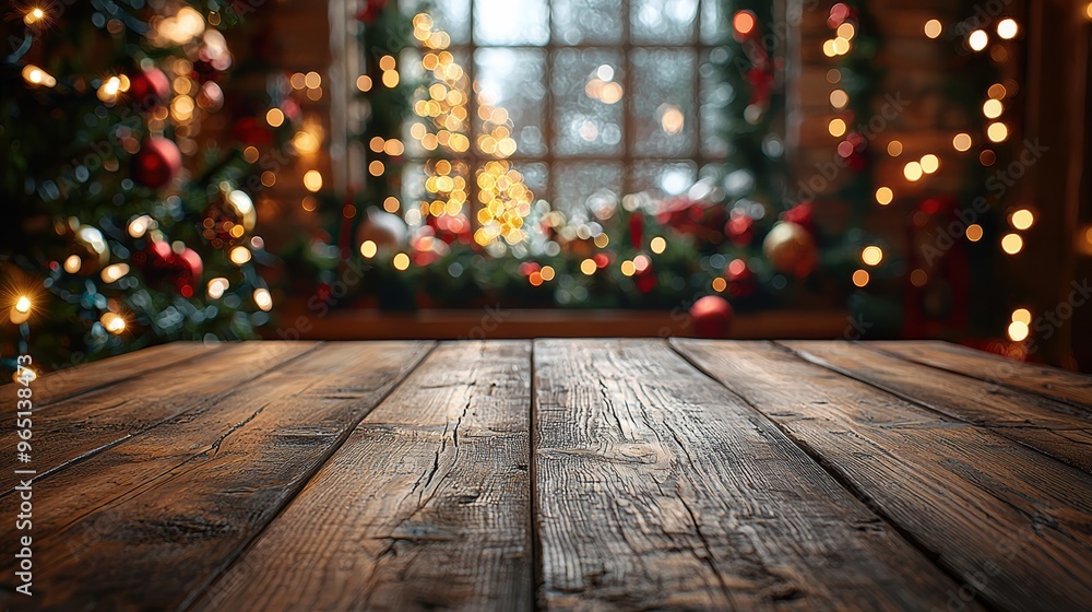 A cozy wooden table set against a beautifully decorated Christmas window with twinkling lights and festive ornaments A cozy wooden table set against a beautifully decorated Christmas window with twinkling lights and festive ornaments