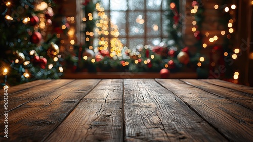 A cozy wooden table set against a beautifully decorated Christmas window with twinkling lights and festive ornaments