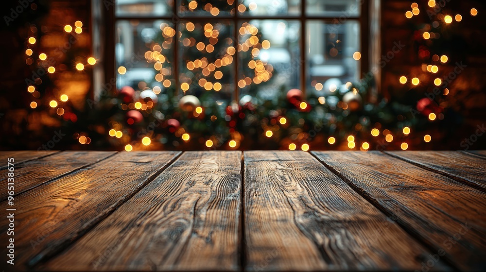Cozy wooden table in front of a festive window decorated with Christmas lights and ornaments during the holiday season Cozy wooden table in front of a festive window decorated with Christmas lights and ornaments during the holiday season