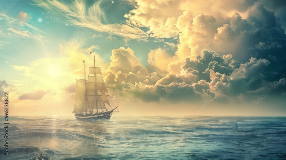 Fototapeta premium Enchanting Seascape with a Majestic Sailing Ship Under a Dramatic Sky Illustration