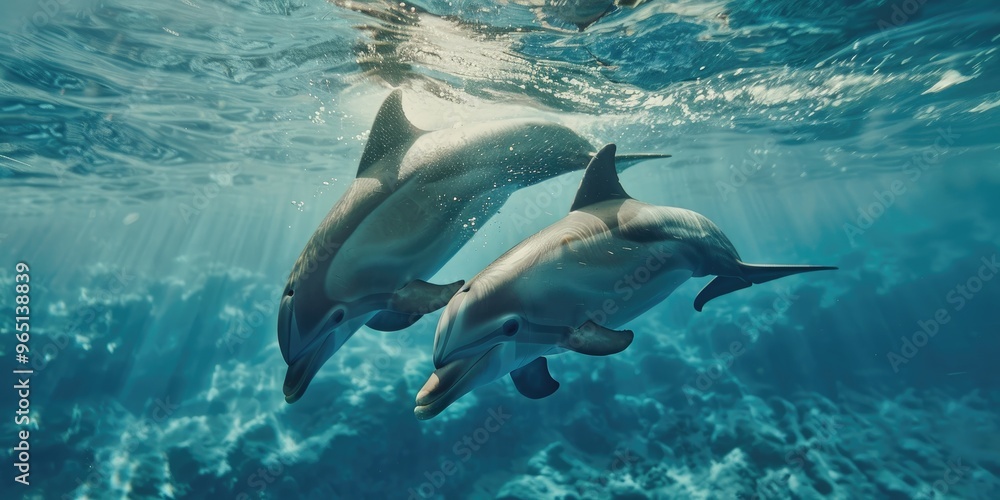 Naklejka premium A mother dolphin and her young one glide through the water playfully, flicking their tails above the surface.