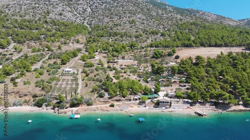 Aerial View of the Gaber⁩⁦ Beach Camping Aloa in Bol on Brac Island, Split Dalmatia, in Croatia. Summer Vacation Resort Near Golden Cape or Golden Horn Zlatni Rat Beach photo